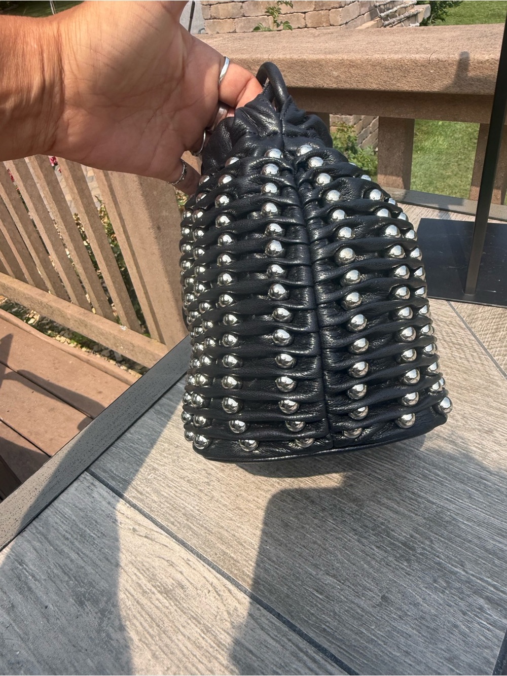 EUC Zara Ball Studded Drawstring Bucket Bag Softest Leather Feel Black Silver - Picture 6 of 9